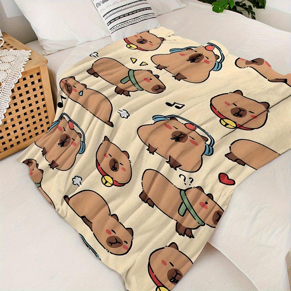 1 Cute Music Listening Capybara Flannel Blanket - Soft and Comfortable Modern Design for Sofa, Office, Travel