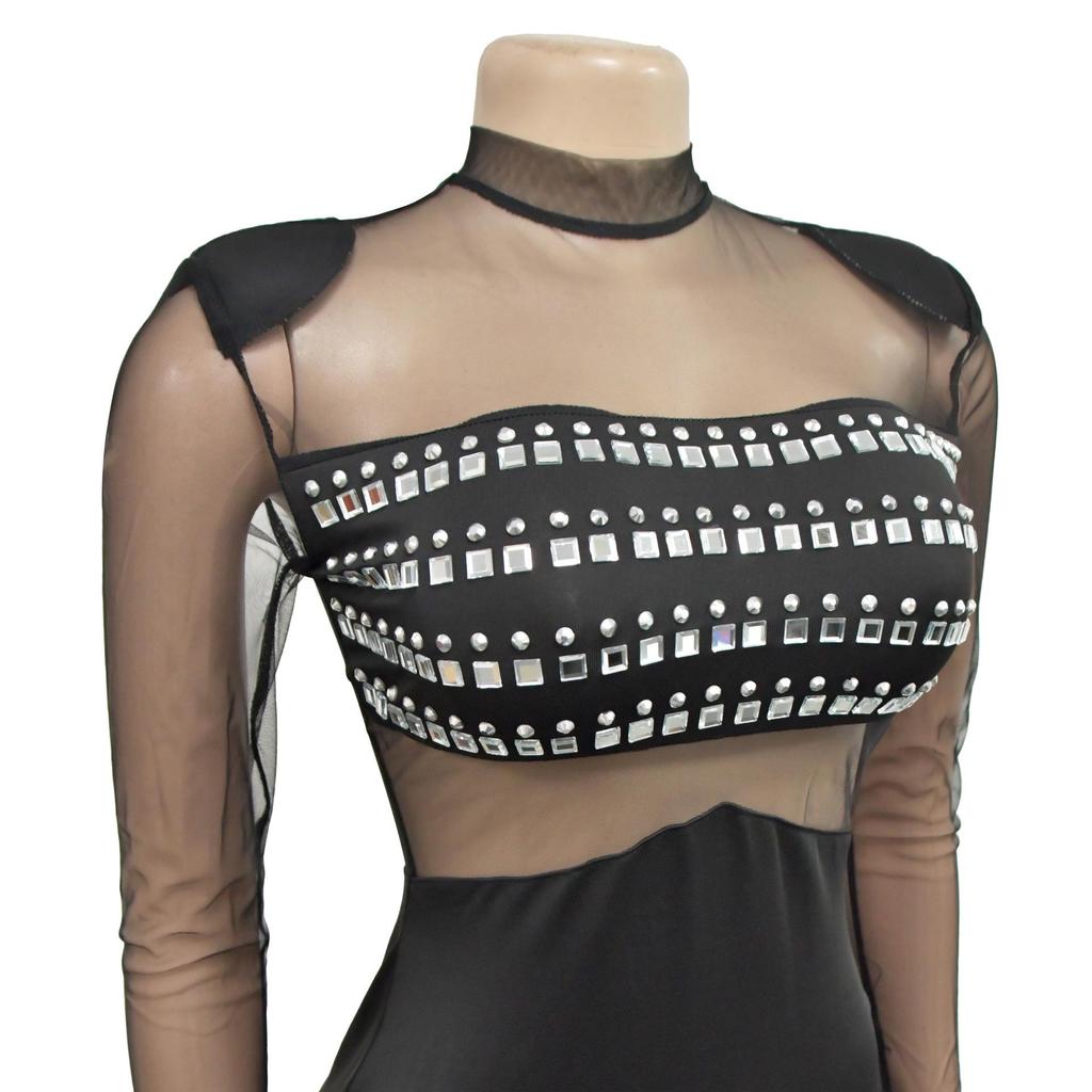 Women's Mesh Hot Drilling Long Sleeve Long Skirt Dress