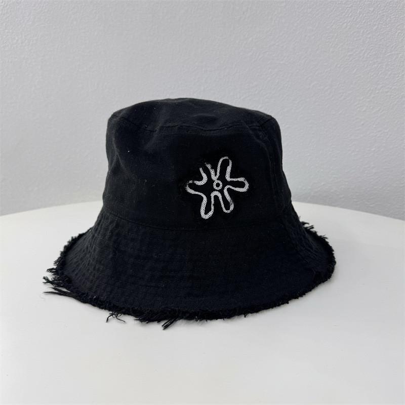 Fashionable Ins Floral Embroidery Sun Hat With Thin Edges For Women Round Top Wide Brim Fisherman Hat чёрный