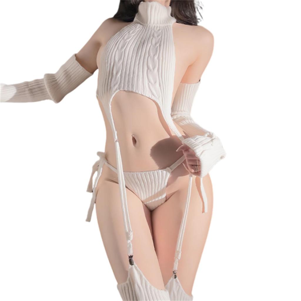 Virginity Killer Sweater Lolita Knit Lingerie 6 Piece Set Girl Style Sexy High Neck Cosplay Cute Costume Costume Halloween Christmas Costume Popular