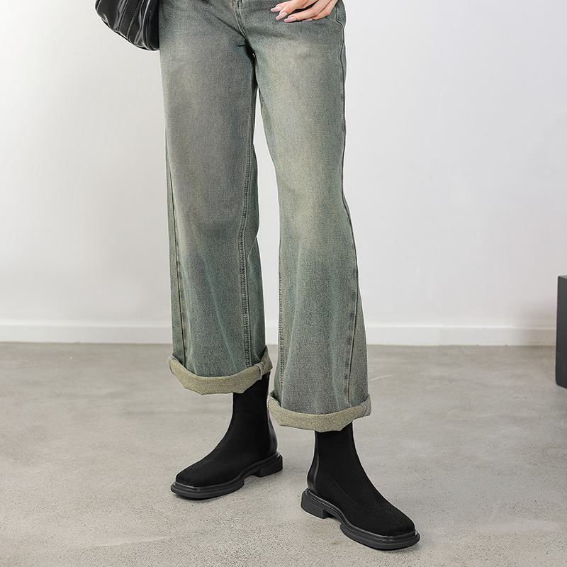 Krazing Pot Cizme de cowboy moderne, cu vârf rotund de iarnă, cu tocuri groase, pentru femei, mărimea 42, botine elastice cu platformă.