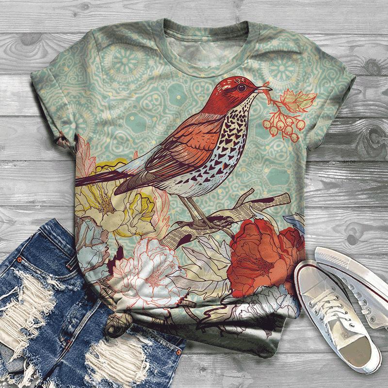 Summer New Bird 3D Printed Women's Top Loose Short Sleeve Loose Casual T-shirt