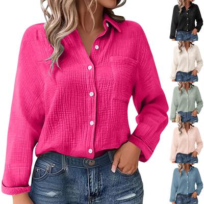 Women's Casual Fashion Loose Long Sleeve Stand Collar Solid Color Linen Shirt