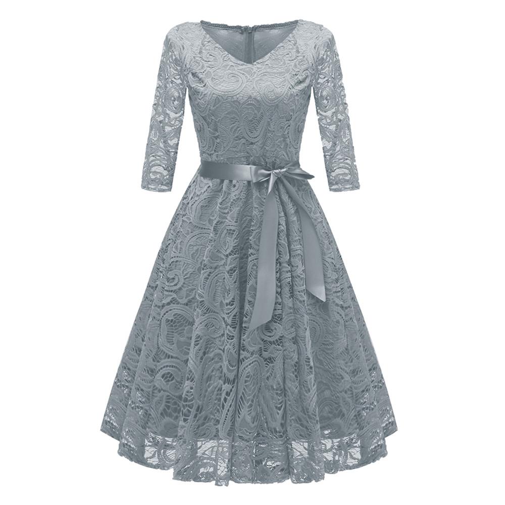 Women Vintage Princess Floral Lace Cocktail V-Neck Party Aline Swing Dress