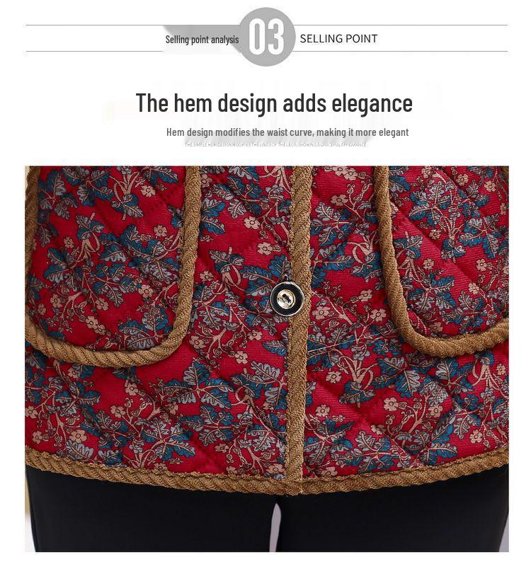 Women's Winter Floral Fleece-Lined Jacket - Thick Cotton Coat for Middle-Aged and Elderly, Long-Sleeved Cold Protection.