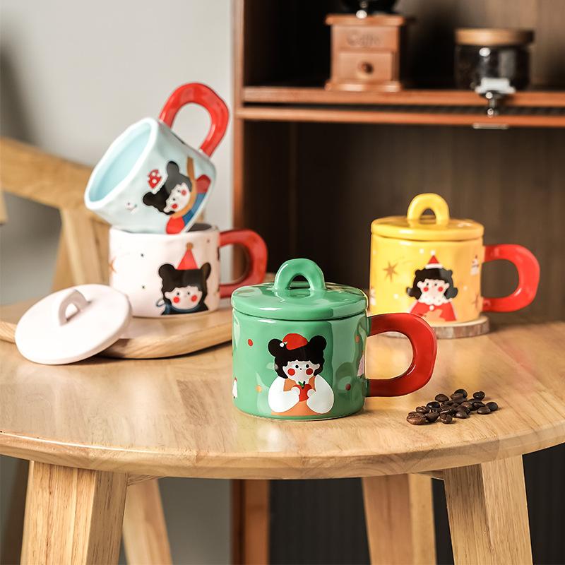 Retro Girl Mug with Lid Girl High Looking Ceramic Cup Creative Water Cup Office Coffee Breakfast Cup