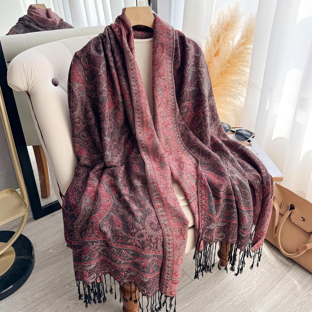 Modischer Damen Winter Warmer Kaschmirschal - Quastenbesetzter Vintage Floral Ölmalerei Gedruckter Pashmina Dicker Schal