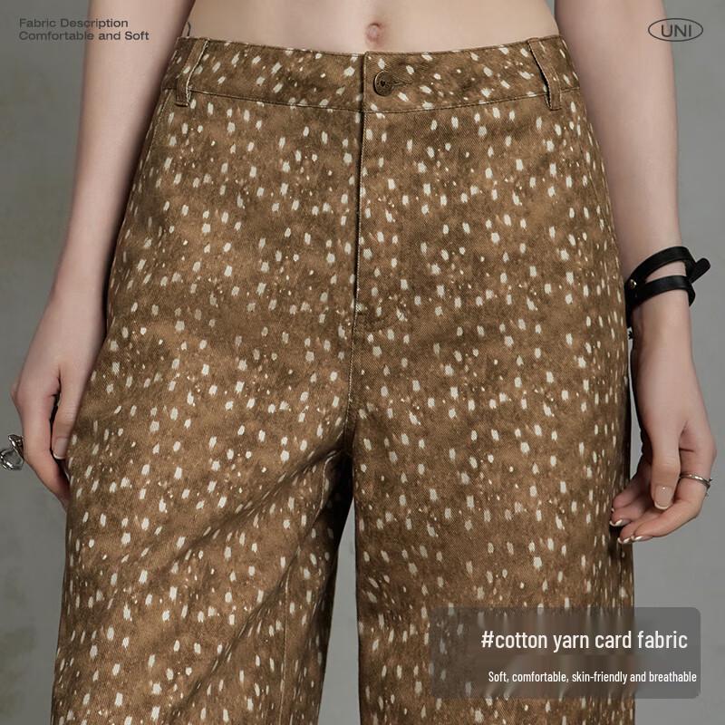 UNIFREE Deer Print High-Waisted Loose Wide-Leg Casual Pants