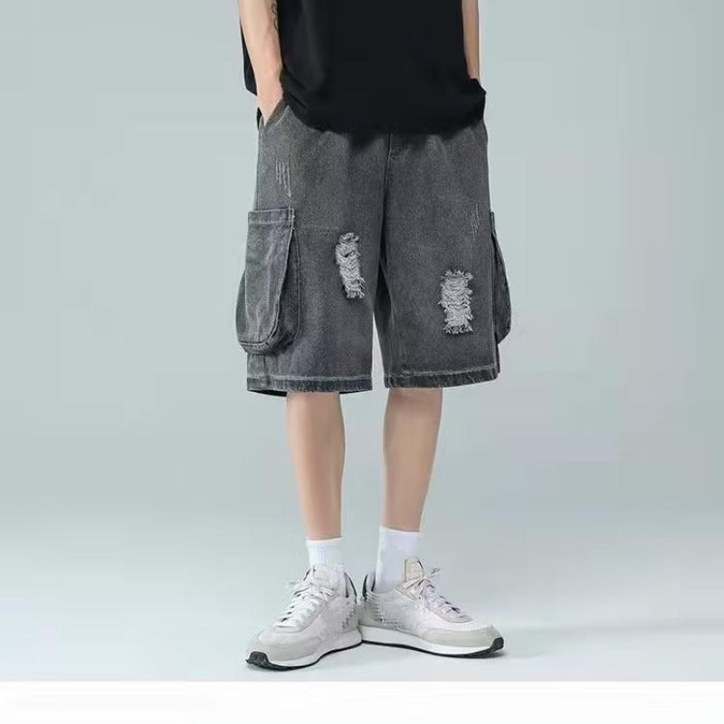 

Нові модні американські джинсові шорти на літо та осінь Y2k спортивні чоловічі повсякденні однотонні хіп-хоп прямі рвані джинси S-3XL XL сірий