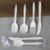 Eco-Friendly Disposable Starch Cutlery Set: Knife, Fork, Spoon - Individually Packaged 3-Piece Customizable Set.