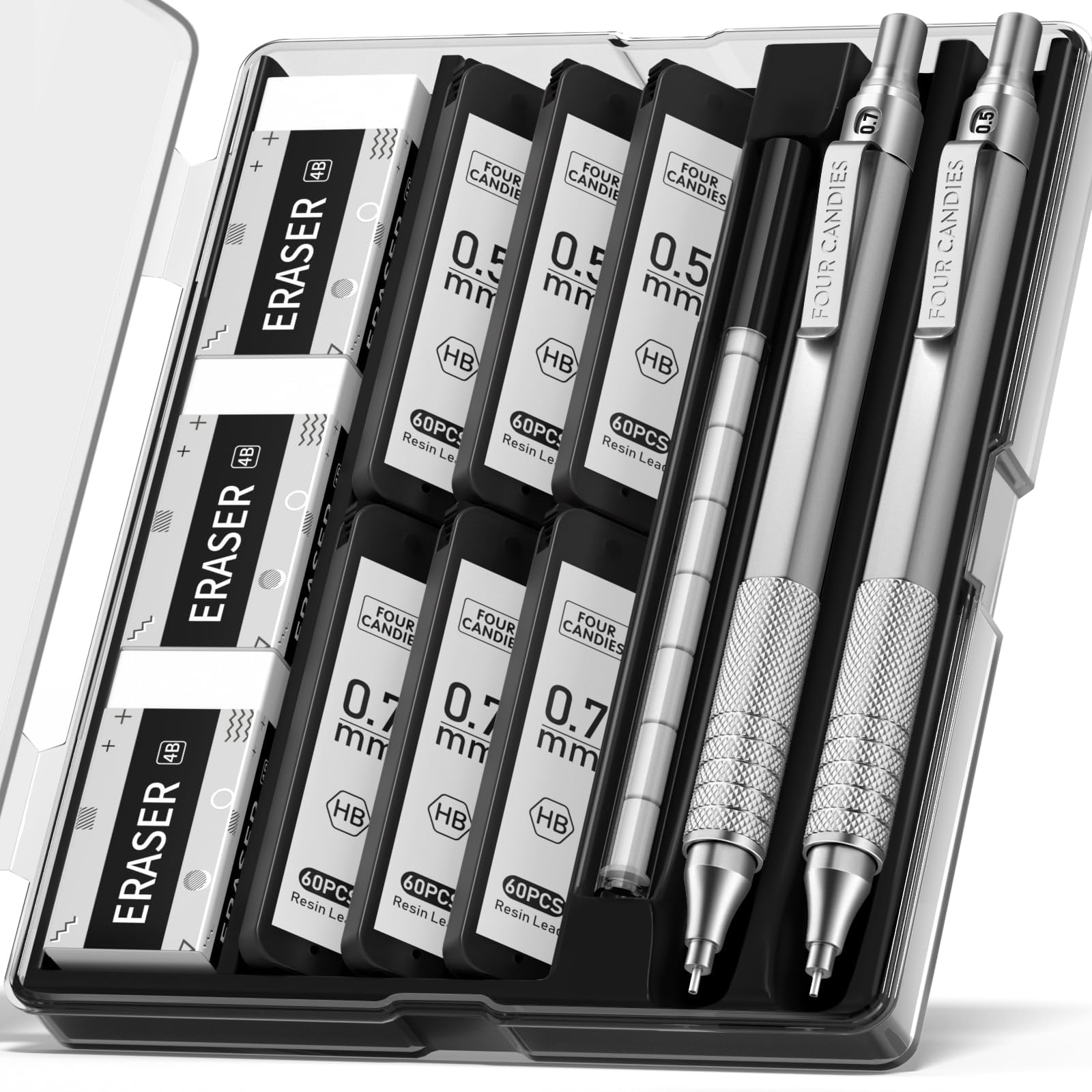 

Four Candies Metal Mechanical Set of HB and Silver Pencils, 2, 0.5mm & 0.7mm Leads, Eraser, Case,