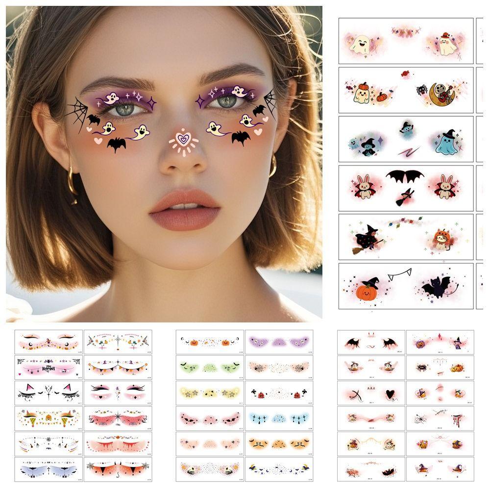 12pcs Waterproof Halloween Face Tattoo Portable Halloween Bat Face Stickers  Enhance Atmosphere