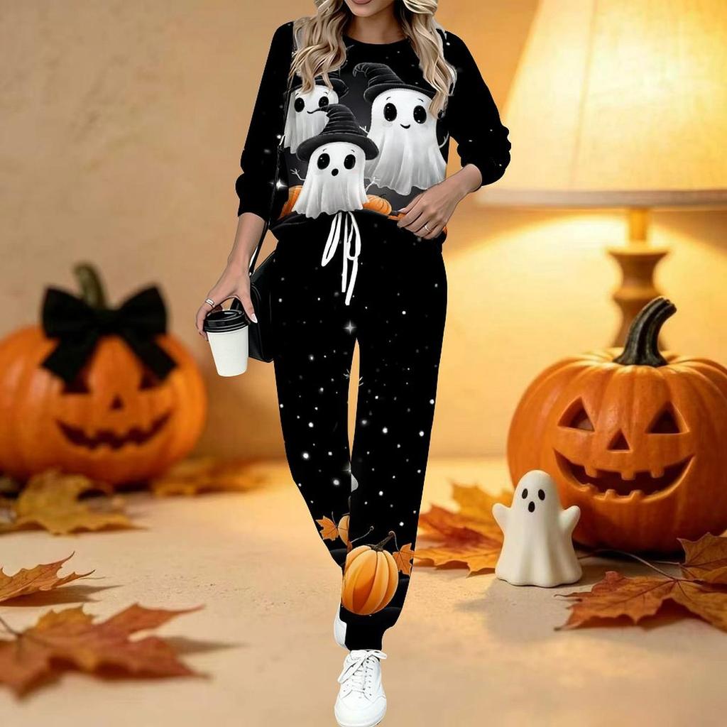 Dámský dvoudílný outfit s halloweenským potiskem, Dlouhý rukáv, Kulatý výstřih, Tepláky s tkaničkou, Ležérní tepláková souprava na jaro a podzim