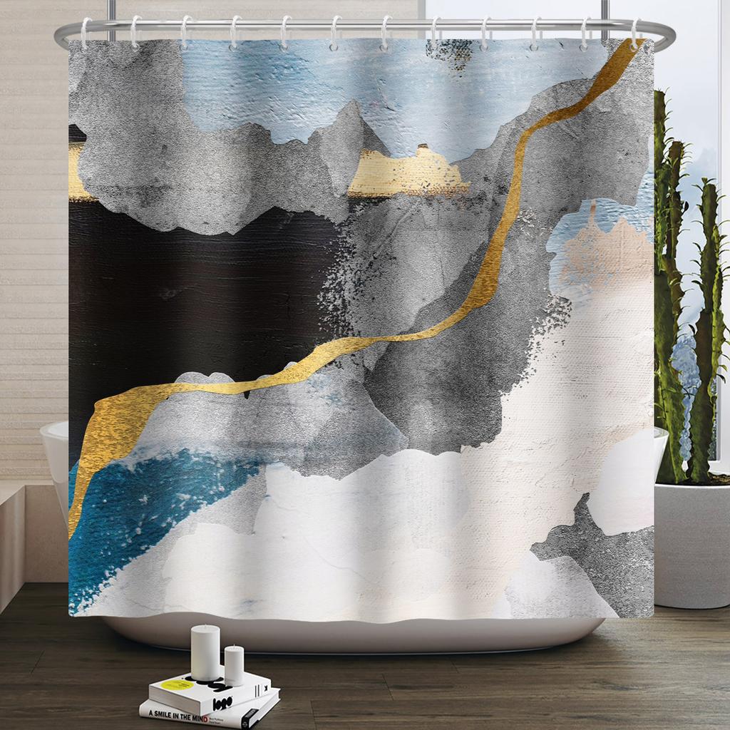 Luxury Marble Texture Shower Curtain Abstract Geometric Print Bath Curtain For Bathroom Decor Modern Minimalist Design With Hook