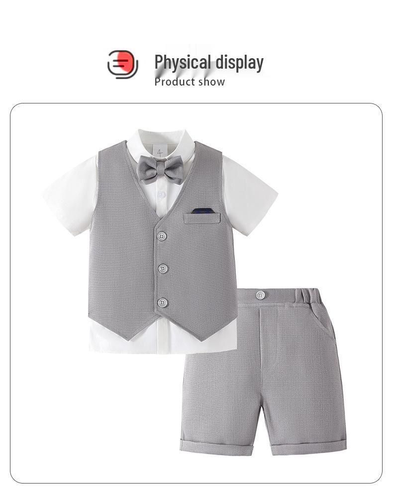 Boys' British Style Summer Formal Three-Piece Set: Short-Sleeve Vest, Shorts, and Bow Tie