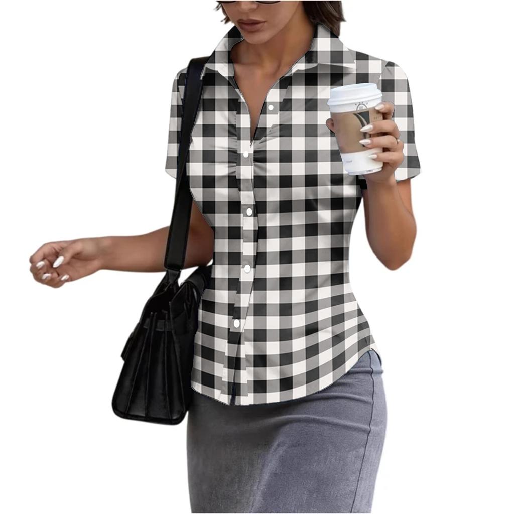 Women's Short Sleeve Button Down Shirt Slim Fit Collared Blouse Lightweight Breathable Summer Top for Casual Workwear