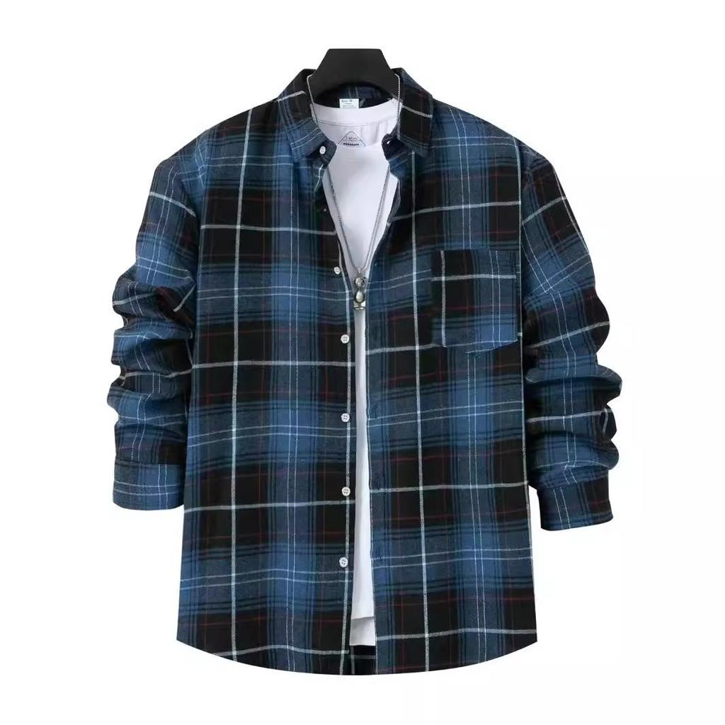 Autumn European and American Fashion Men's Brushed Thin Plaid Long-sleeved Light Mature Casual Shirt