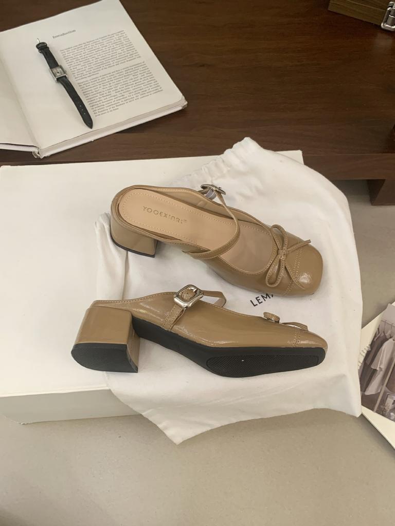 2025 autumn and winter new round head bow with thick middle heel outer wear OL Mary Jane women's half drag