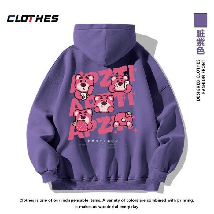 

Strawberry bear print hooded sweater men and women autumn and winter teenagers trendy brand loose shoulder long-sleeved clothes jacket 3XL