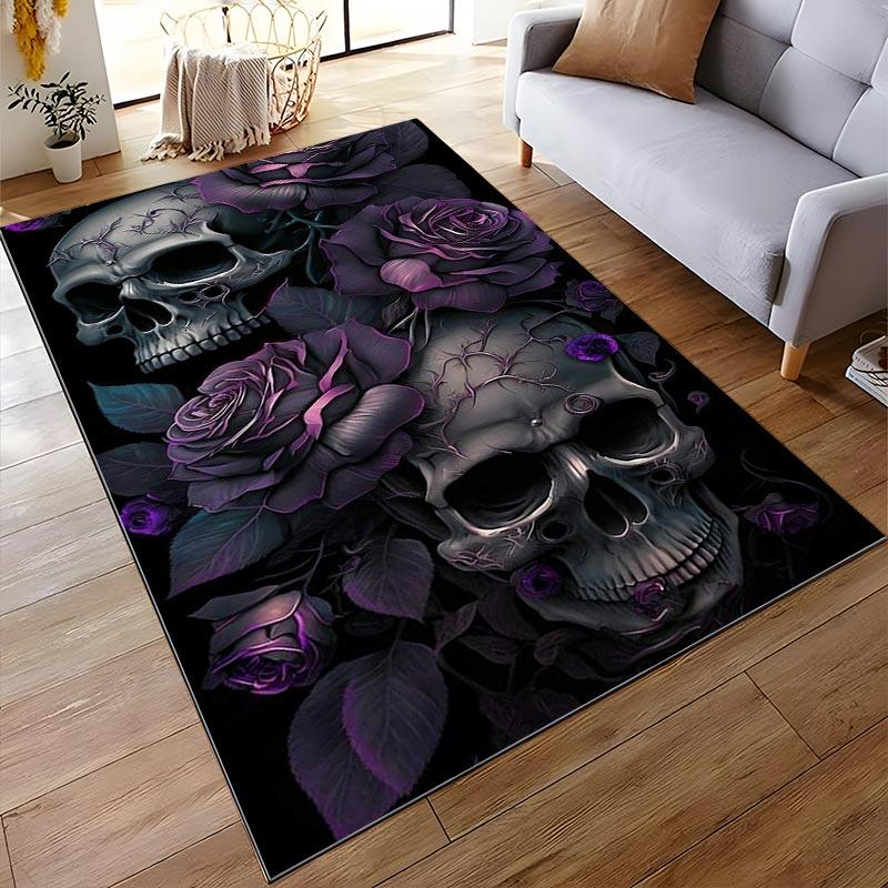 "Dark Gothic Skull and Purple Roses Printed Carpet for Home Decor" Suitable for use as an anti-slip for living room bedroom sofas