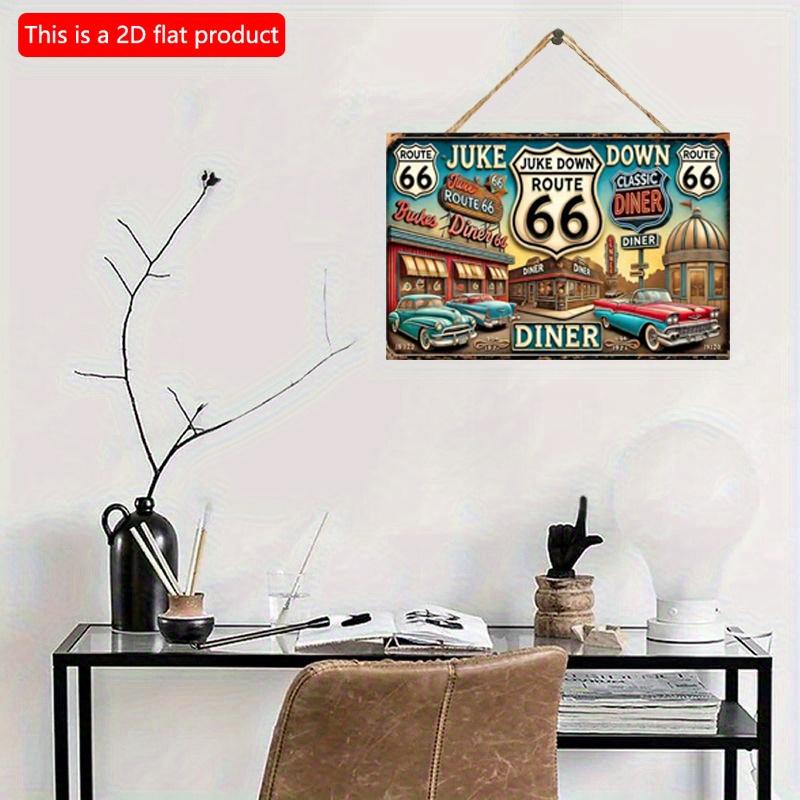 2D flat Wooden 30*20cm Vintage Route 66 Wooden Wall Sign - Retro Jukebox & Classic Diner Decorative Plaque with Flax Rope Hanger for Home, Bar, Cafe