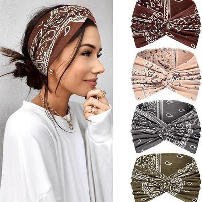 Faixa de Cabeça Larga Estampada de Castanha Estilo Boêmio - Acessório de Cabelo Casual para Férias, Maquiagem e Lavagem do Rosto
