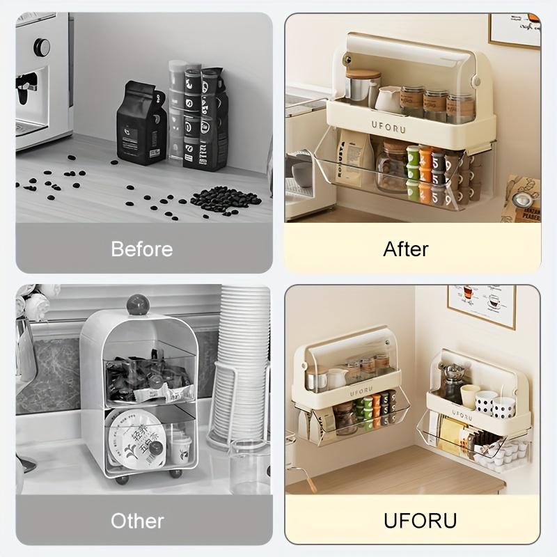 Wall-Mounted Tea Bag Shelf , Multi-Function Dustproof Cup , Capsule Organizer with Flip,Top Lid, Contemporary White Plastic Storage Rack for Office