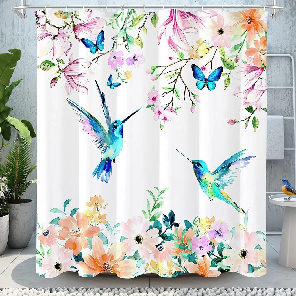 Spring Floral Hummingbird Shower Curtain for Bathroom Watercolor Flowers Birds Fabric Bath Curtains Modern Art Decor with Hook