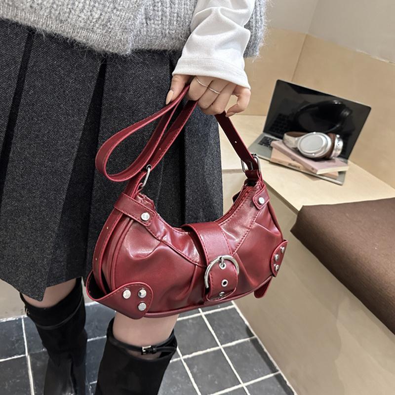 Vintage Y2k Rivet Belt Design Women Pu Shoulder Bags Solid Color Ladies Crossbody Bag Casual Female Hobos Handbags Purse