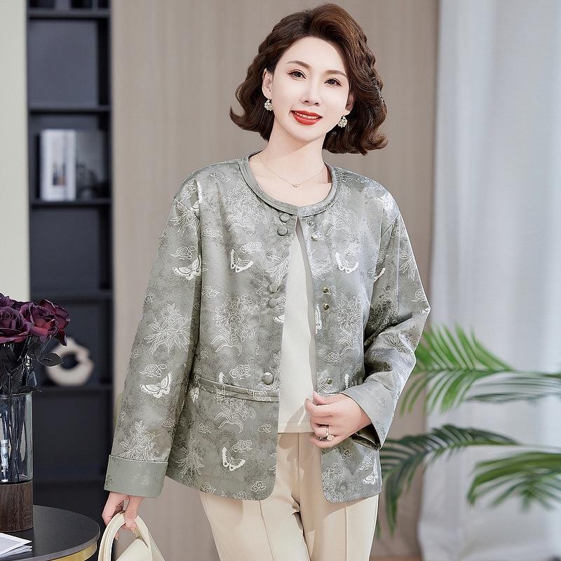 Women's Spring/Autumn 2026 Round Neck Jacket for Middle-Aged and Elderly - Loose, Stylish Top