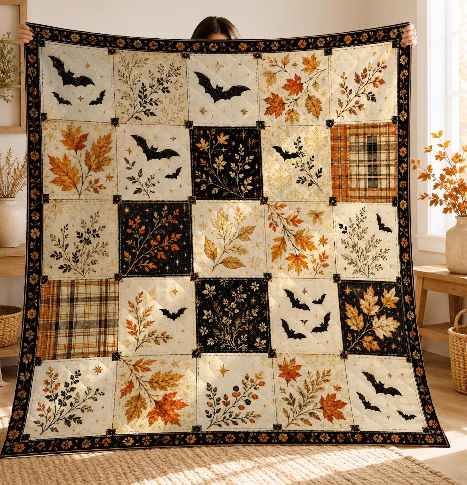 Halloween Patchwork Quilt Blanket, Autumn Bats Leaves Throw Cozy Fall Cottagecore Blanket, Rustic Harvest Halloween Decor Gift