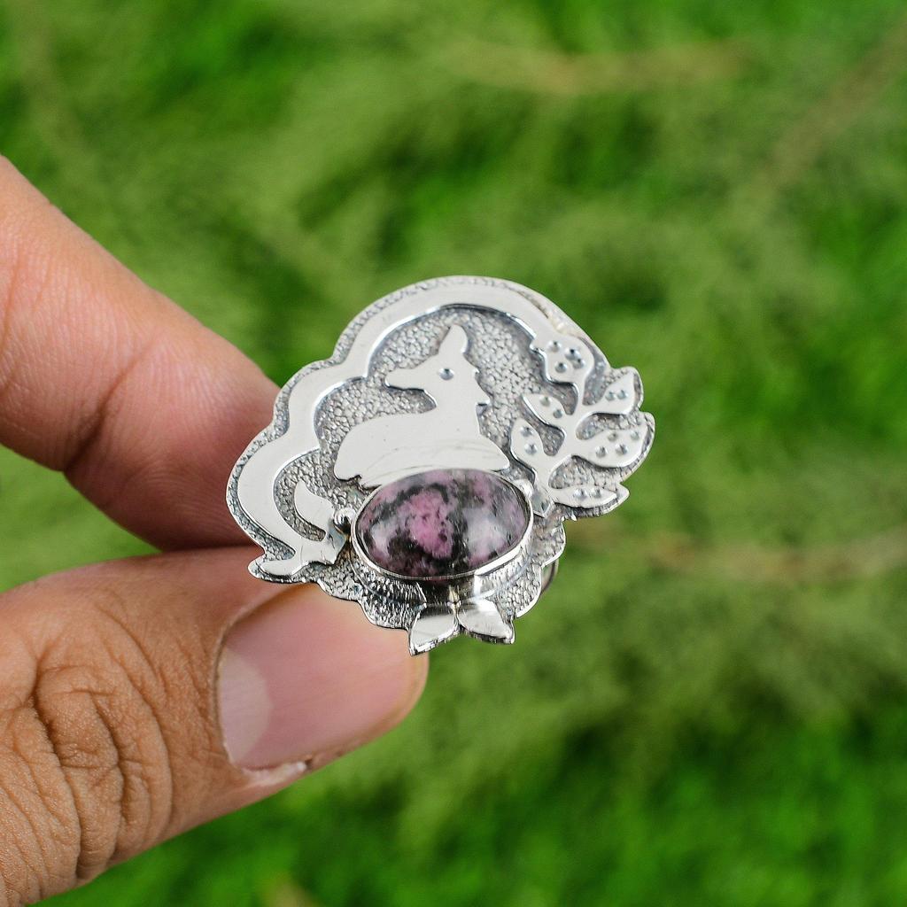 925 Sterling Silver Natural Rhodonite Birthday Wife Stackable Bezel Ring Jewelry