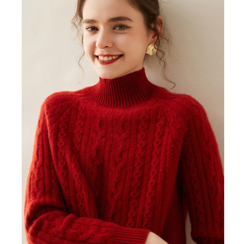 Women's Cashmere Cable Knit Sweater, Half-High Neck, Thick, Slimming, Loose Fit, Warm Base Layer for Autumn and Winter.