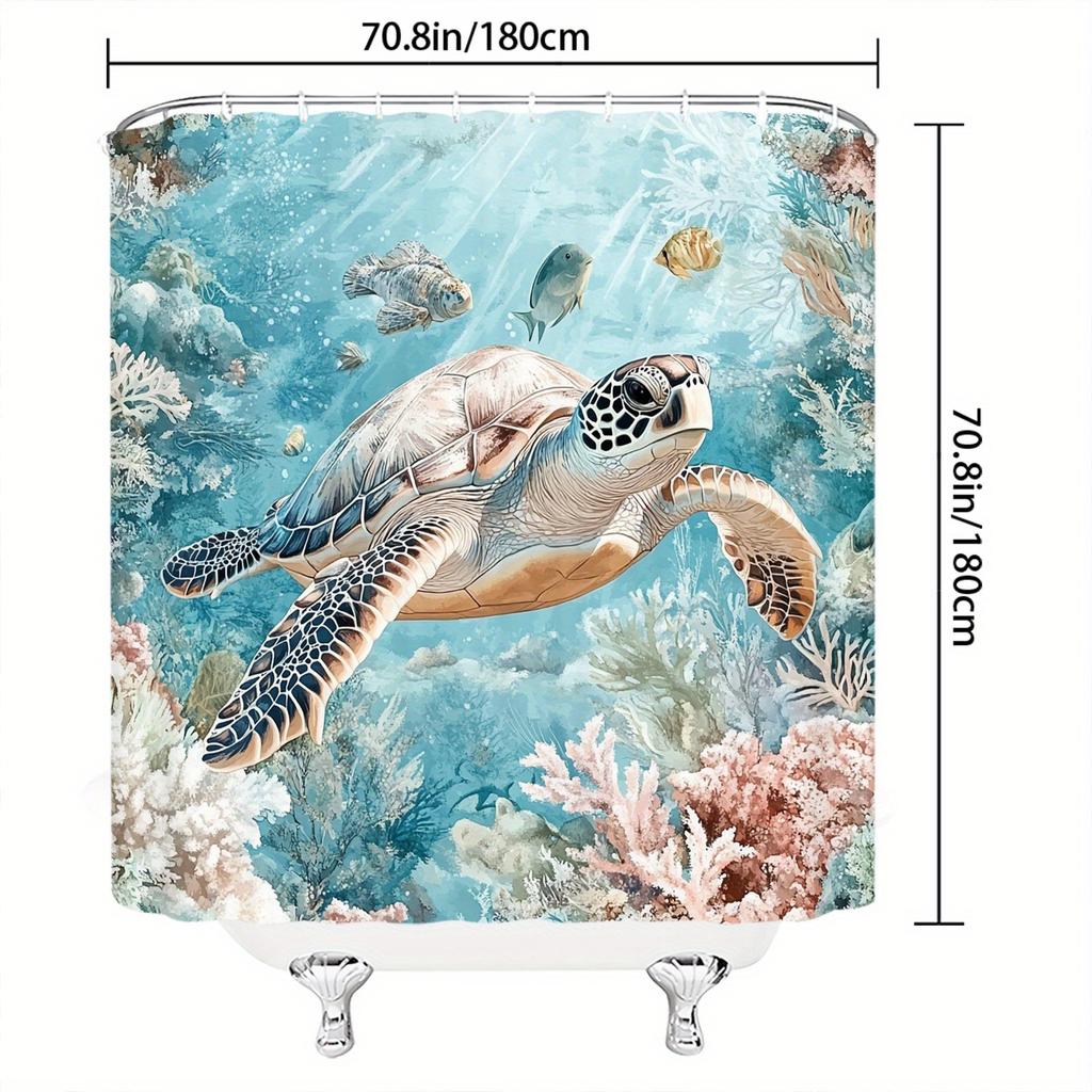 Fashion Sea Turtle Shower Curtain - Coral Reef, Vibrant Watercolor Style, Detailed Design,Polyester, Machine Washable