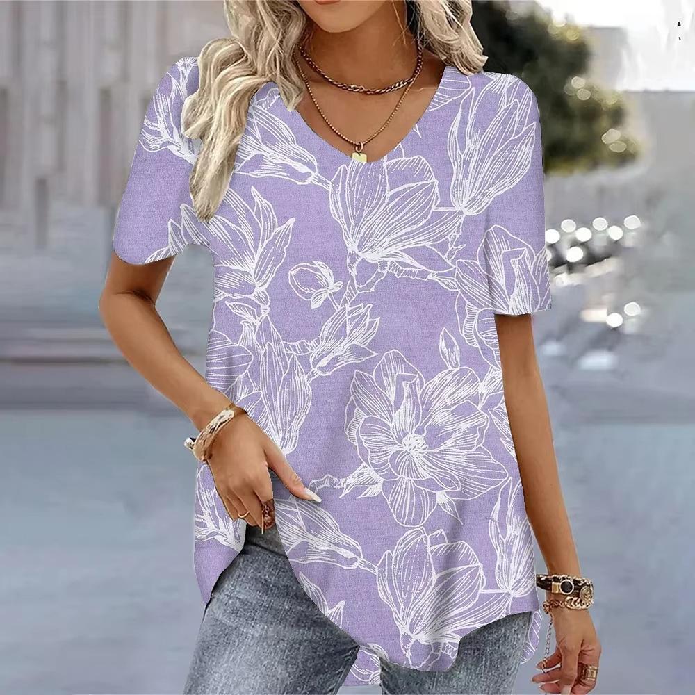 Casual Versatile Plant Pattern Short Sleeve V-Neck T-Shirts Women’s