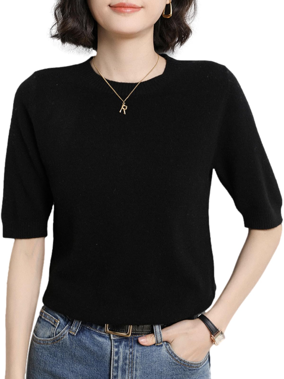 

Летний трикотажный топ с коротким рукавом чистый BN244 BLK L [BN1 Select] женские топы, офис, футболка, весна, лето, осень, одежда, рукав 5/8, черный, чёрный