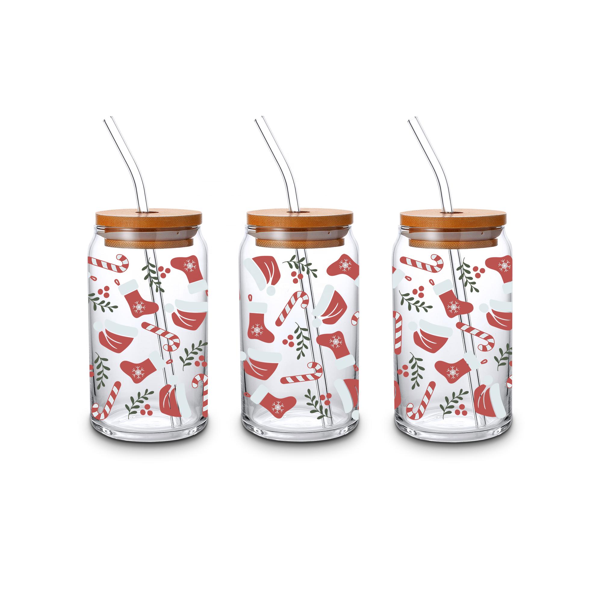 DIY Custom Logo Stockings 16oz Glass Can Shape Glass Cup with Bamboo Lid and Glass Straw for Christmas New Year Winter