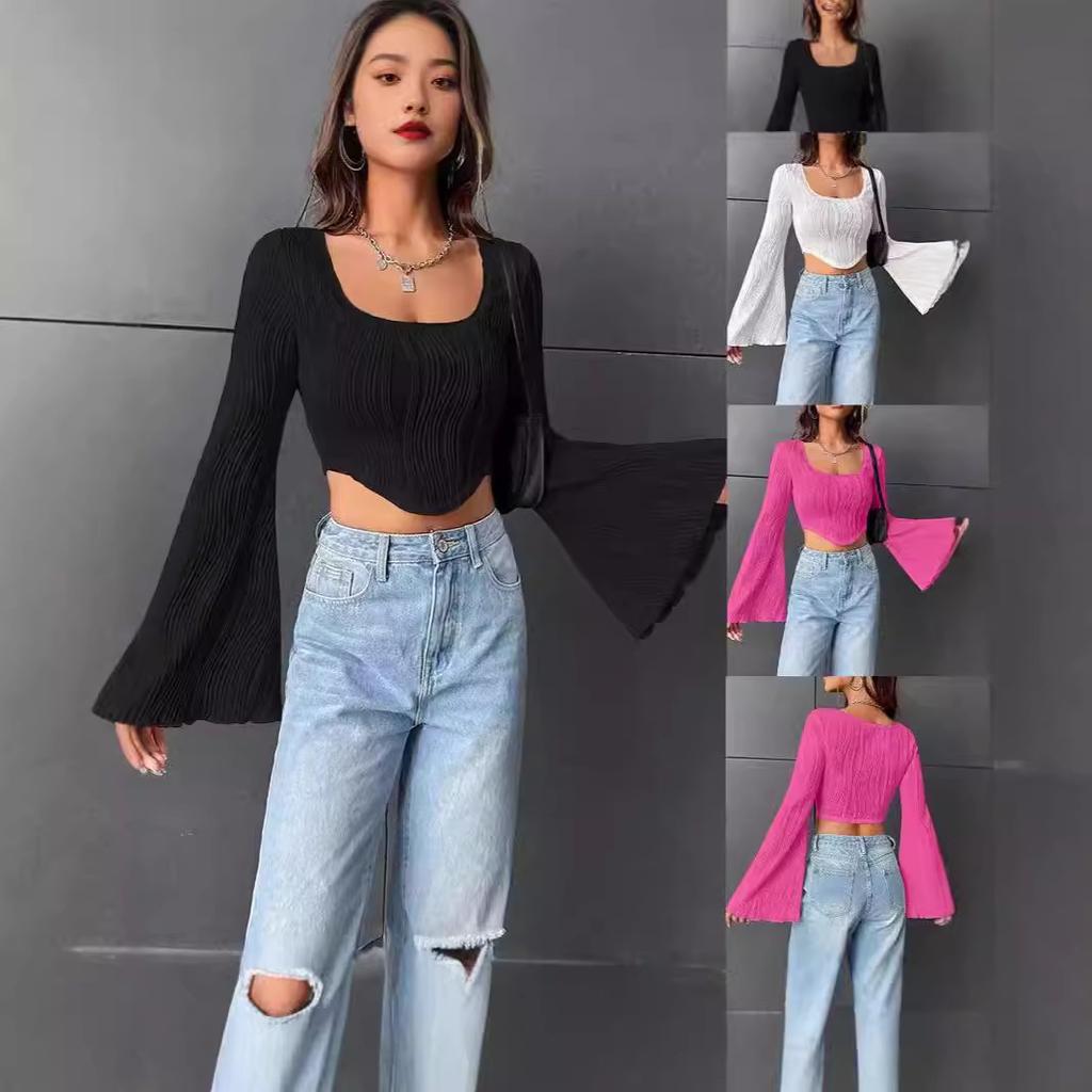 New Women's Solid Color U-neck Exposed Navel Slimming Fashion Trumpet Long Sleeved Sexy Short T-shirt