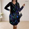 Women Plus Size V Neck Long Sleeve Printed Dress Loose Fit Curved Hem Black Blue Purple Green