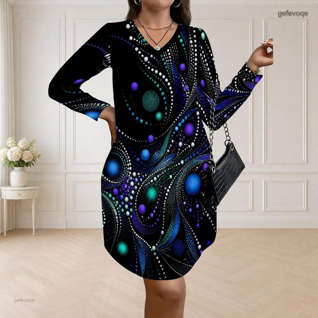 Women Plus Size V Neck Long Sleeve Printed Dress Loose Fit Curved Hem Black Blue Purple Green