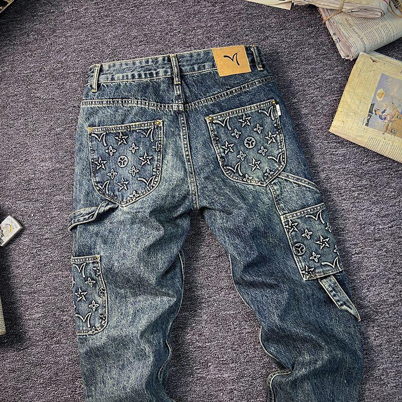 JYL Men's Straight Jeans Autumn Vintage Embossed Washed Loose Patchwork Denim