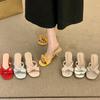 Korean version crystal thick heel bow retro yellow open-toed thin cool slippers fashion women's summer new one-word drag