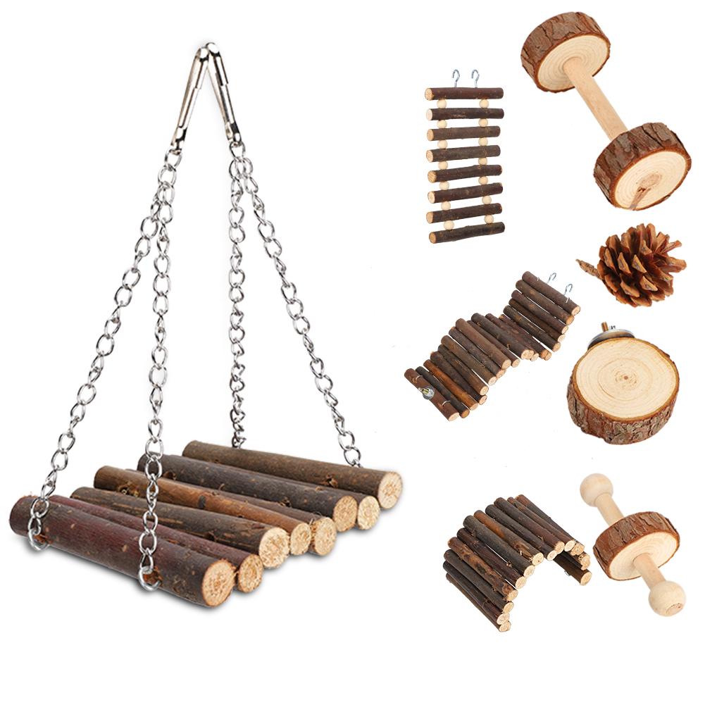 8pcs Squirrel Wooden Swing Toy Funny Hamster Ladder Small Pet Animal Playing Toy Set