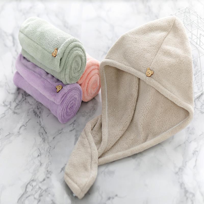 Women Fast Drying Hair Towel Coral Velvet Hair Towel Women Wrap Head Absorption Ater Bath Hat with Button  Bathroom Supplies