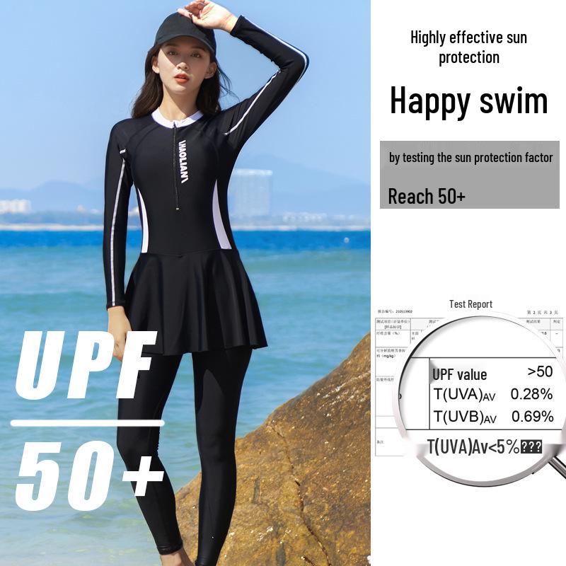 Women's Plus Size Full Body Swimsuit: Long Sleeve, Long Pants, Skirt Style for Sun Protection.