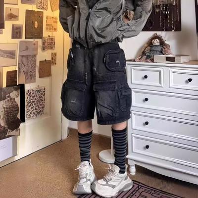 Street Oversized Washed Vintage Pocket Women Workwear Denim Shorts High Waisted Straight Leg Pants