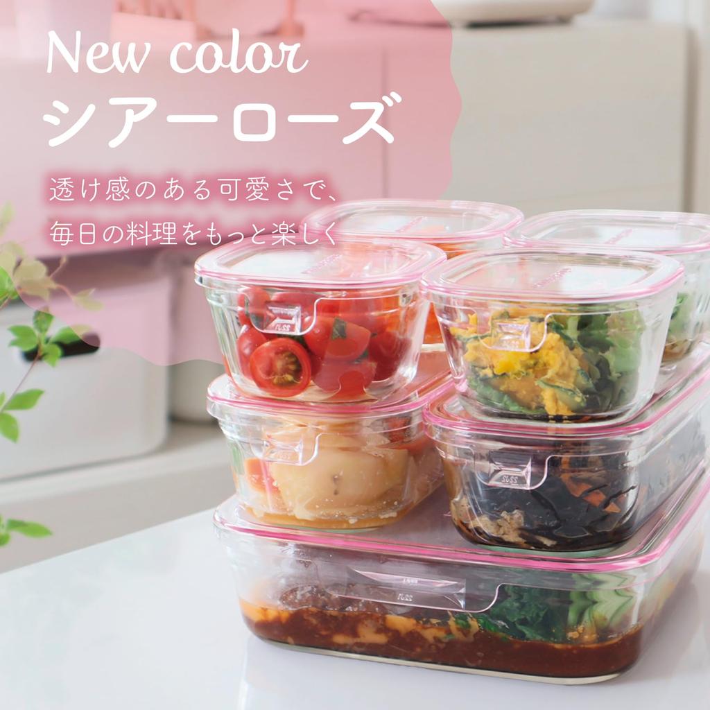 [Amazon.co.jp Exclusive] iwaki Heat-Resistant Glass Storage Containers, Sheer Rose, Set of 4, Pack & Microwave, F-PRN4P2