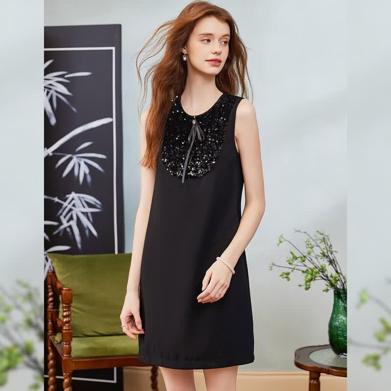 Sequin Spliced Sleeveless Little Black Dress