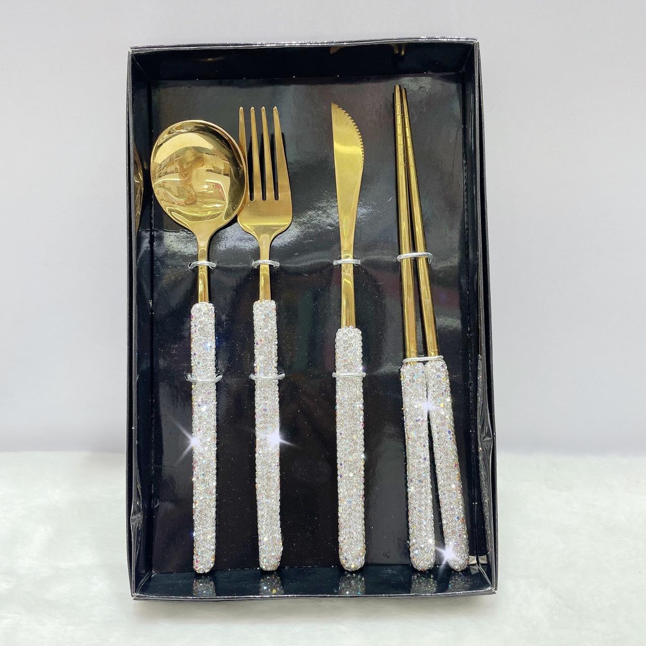 

4 шт. роскошный набор столовых приборов нож вилка ложка палочки для еды с блестящими сверкающими бриллиантами столовая посуда домашняя кухня свадебные принадлежности белый