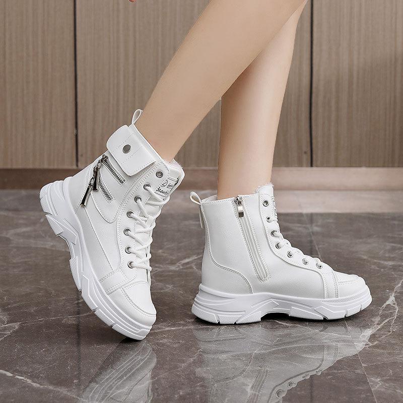 New Autumn and Winter Women's Solid Color Velvet Mid-top Cotton Shoes, Snow Boots Increase the Height and Keep Warm